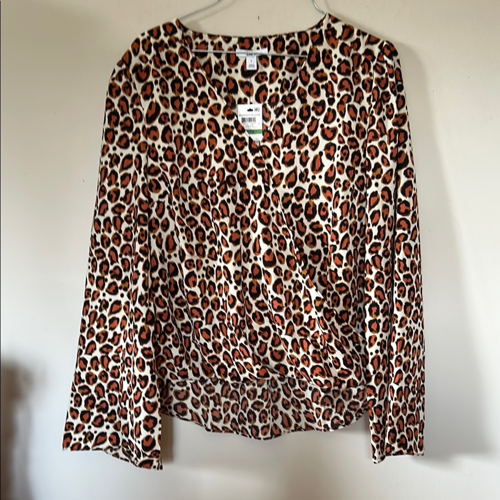 Bar III leopard print long sleeve polyester crossover chest blouse size L NWT